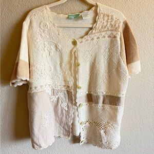 Vintage Boho Patchwork Knit Crochet Cotton & Linen & Lace Shortsleeve Cardigan